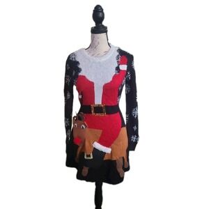 Born Famous Ugly Christmas Sweater Dress Santa & Rudolph Reindeer Womens XS NWT